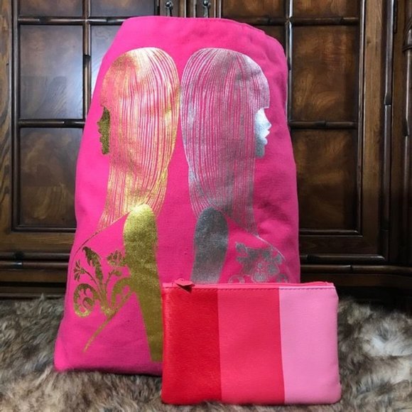 Hot Pink Metallic Gal Pal Canvas Tote & Stripe Faux Leather Pouch - Picture 1 of 14